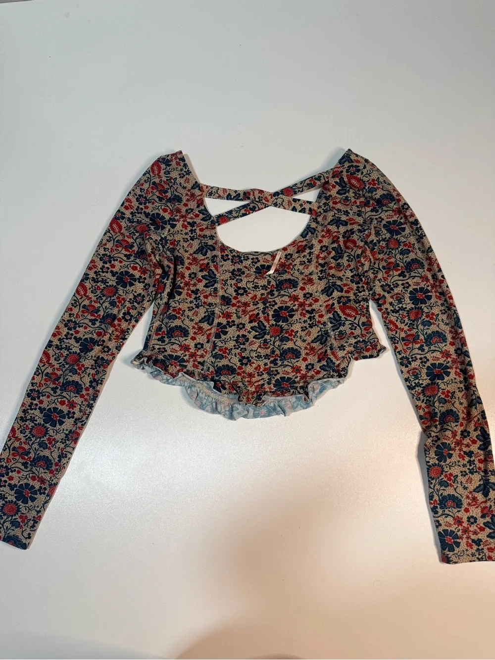 Free People Floral Scoop-Neck Crop Top - Cream with Pink & Blue